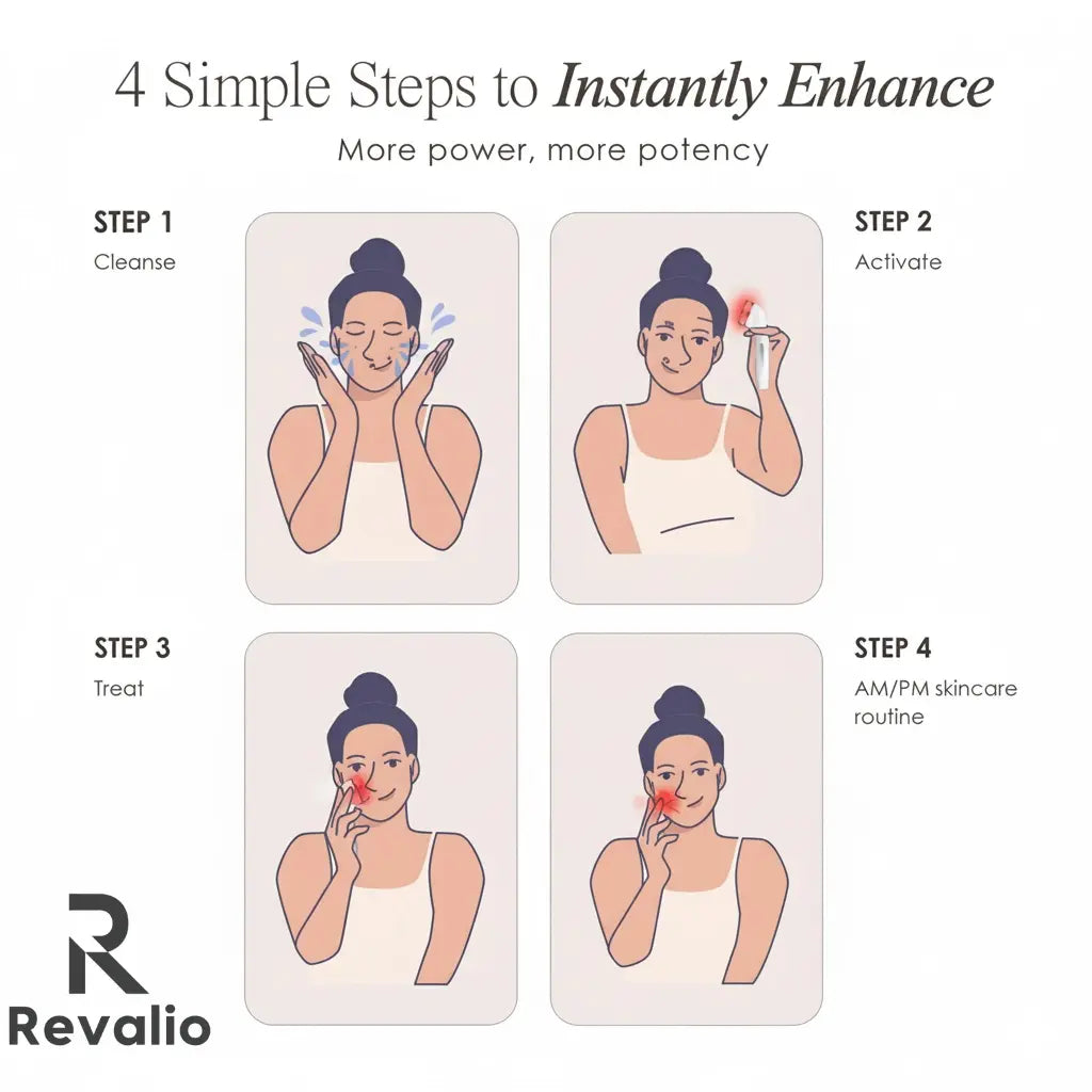 Illustrated four step skincare routine graphic showing how to cleanse activate treat and finish skincare while using the Revalio LED Red Light Face Mask.