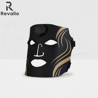 Black and gold face mask with Revalio branding on a white background