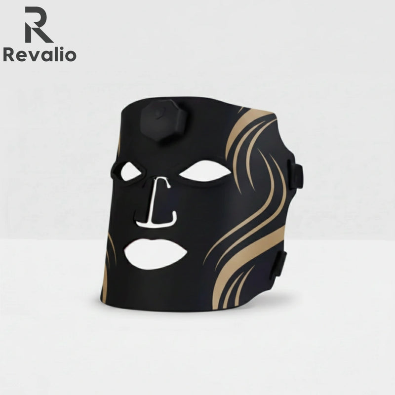 Black and gold face mask with Revalio branding on a white background