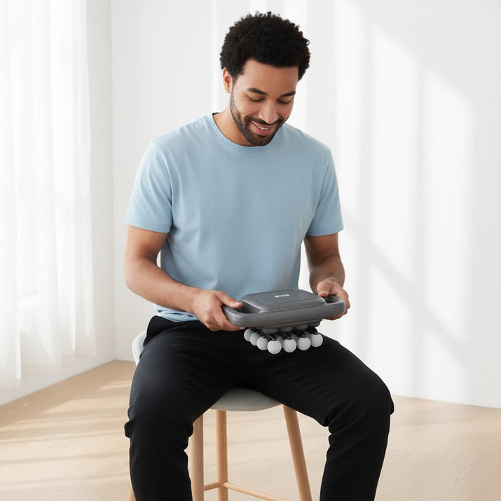 Man using the Revalio 16-head back massager while seated on a chair in a bright room.