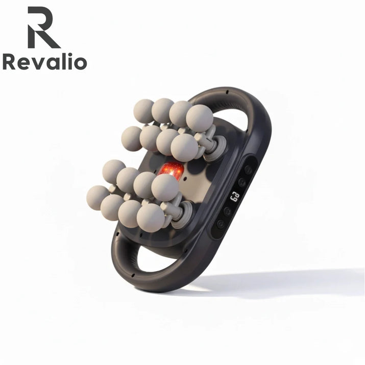 Revalio 16-head fascia massager in black, compact full product front view with logo.