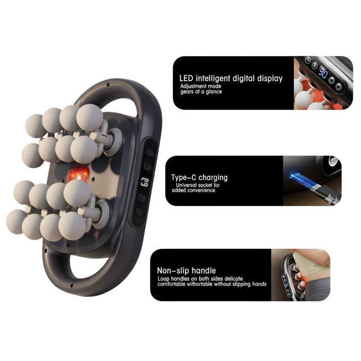 Revalio 16-head massager features LED intelligent display, USB Type-C charging and non-slip dual handles.