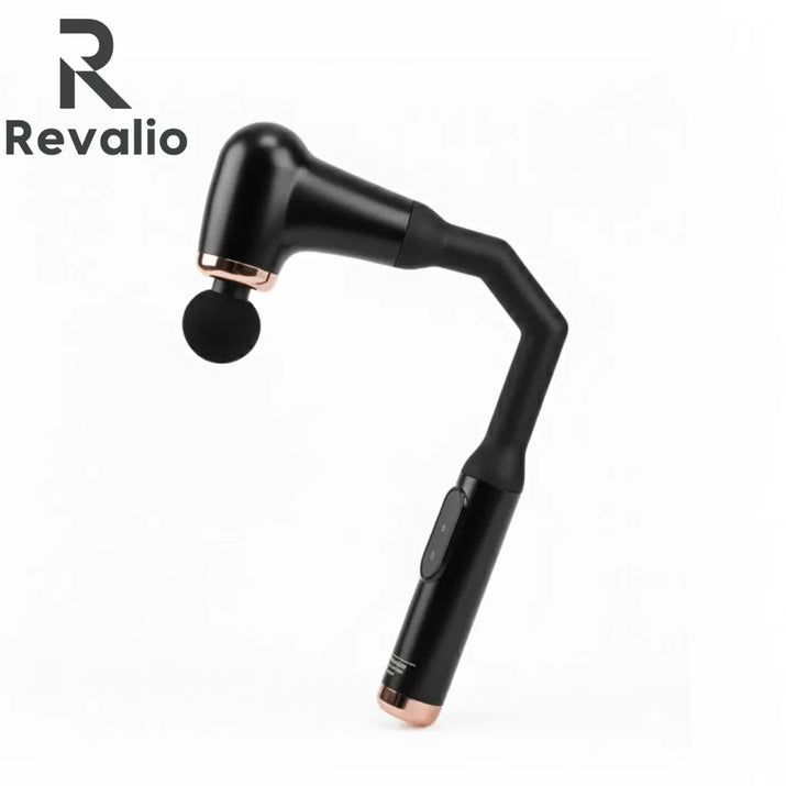 Side view of the black Revalio Extended Fascia Gun with ball head attachment against a white background with logo.