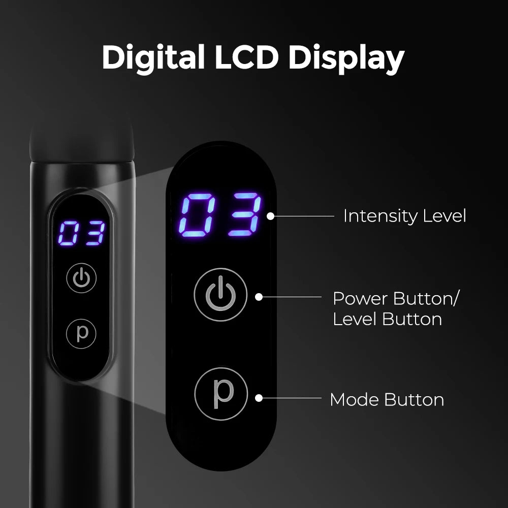 Close up of the Revalio Extended Fascia Gun digital LCD display showing intensity level, power button and mode button on the handle.
