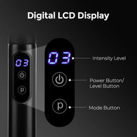 Close up of the Revalio Extended Fascia Gun digital LCD display showing intensity level, power button and mode button on the handle.