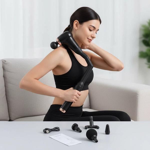 Woman using the Revalio Extended Fascia Gun on her neck and shoulder while sitting on a sofa, with massage heads and accessories on the table.