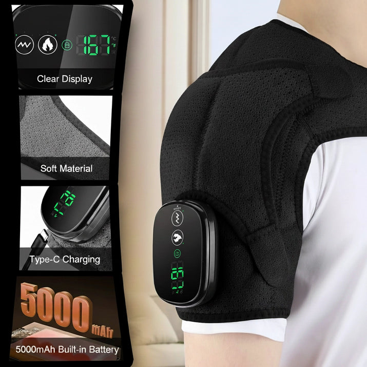Feature collage of the Revalio Heated Shoulder Massager Brace showing clear LED display soft material Type C charging and built in 5000mAh battery while worn on the shoulder.