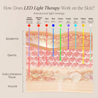 Diagram explaining how different LED light wavelengths from the Revalio LED Facial Neck Massager penetrate the skin layers.
