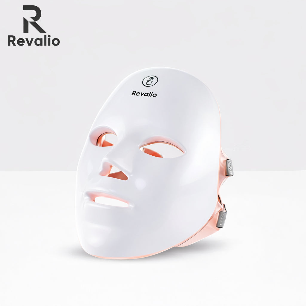White LED face mask with Revalio branding on a light gray background