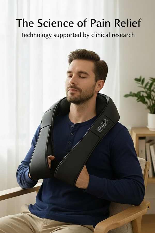 Man relaxing in a chair while using a Revalio neck and shoulder massager, with the text “The Science of Pain Relief – Technology supported by clinical research” highlighting science-backed pain relief.