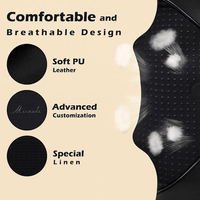 Comfortable and breathable material design of the Revalio Shiatsu Neck Shoulder Massager, highlighting soft PU leather, advanced customization, and special linen for gentle support.