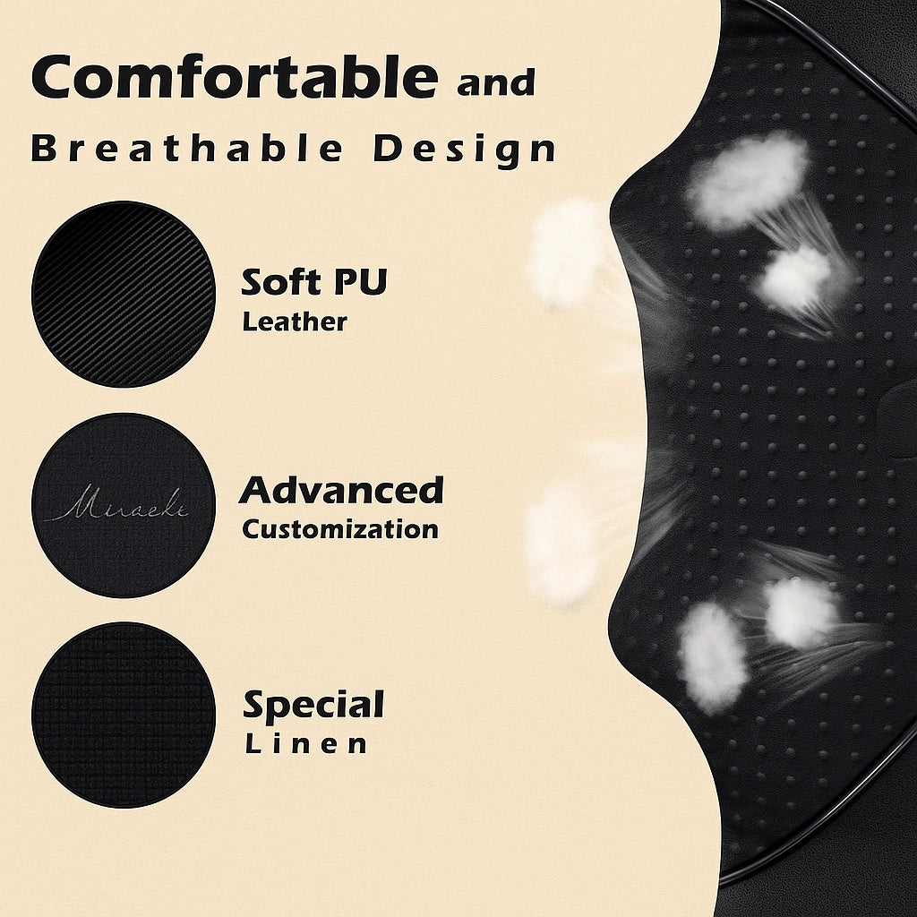 Comfortable and breathable material design of the Revalio Shiatsu Neck Shoulder Massager, highlighting soft PU leather, advanced customization, and special linen for gentle support.