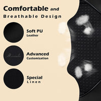 Comfortable and breathable material design of the Revalio Shiatsu Neck Shoulder Massager, highlighting soft PU leather, advanced customization, and special linen for gentle support.