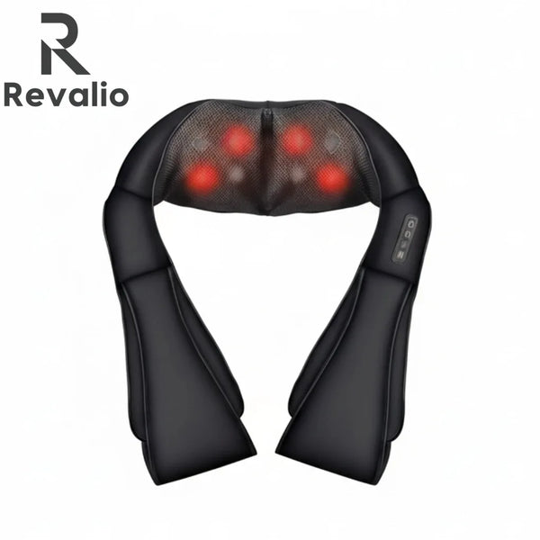 Front view of the Revalio Shiatsu Neck Shoulder Massager showing red heated massage nodes under the mesh fabric.