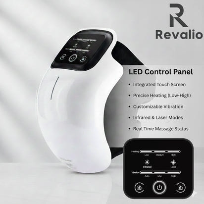 White Revalio Knee Massage device with black control panel on a gray background, featuring Revalio branding.