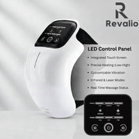White Revalio Knee Massage device with black control panel on a gray background, featuring Revalio branding.