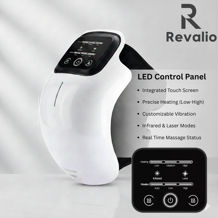 White Revalio Knee Massage device with black control panel on a gray background, featuring Revalio branding.