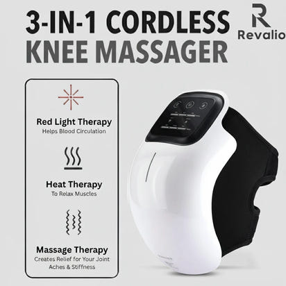 3 in 1 cordless Revalio Smart Knee Massager with red light, heat and massage therapy icons and benefit descriptions.