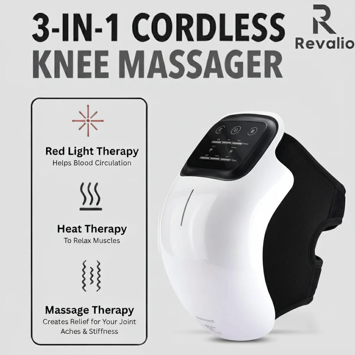 3 in 1 cordless Revalio Smart Knee Massager with red light, heat and massage therapy icons and benefit descriptions.