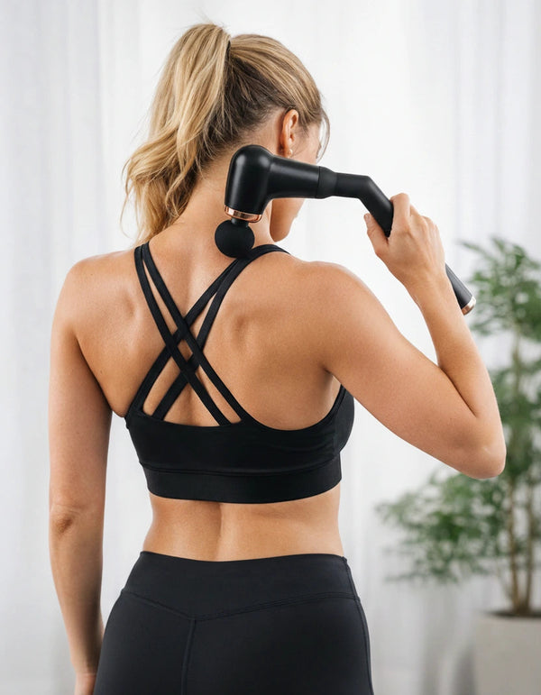 Woman using a massage gun on her back in a home setting