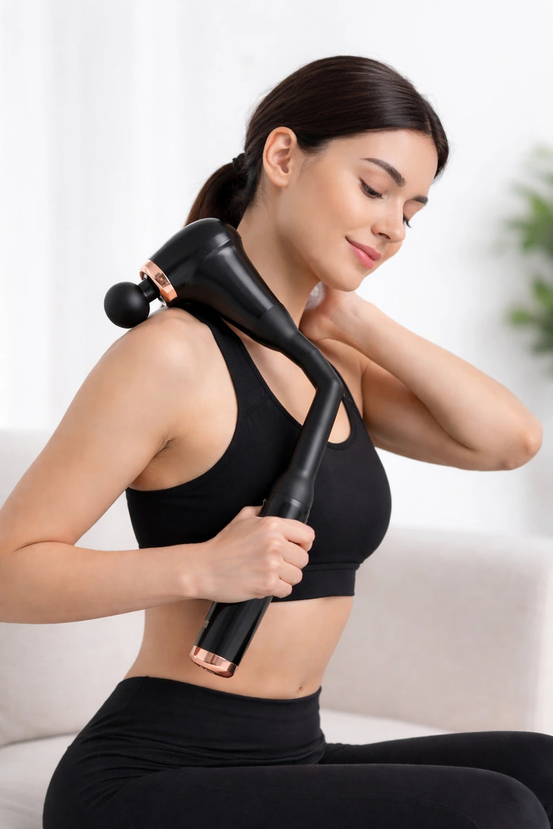Woman using a handheld massager on her shoulder against a white background
